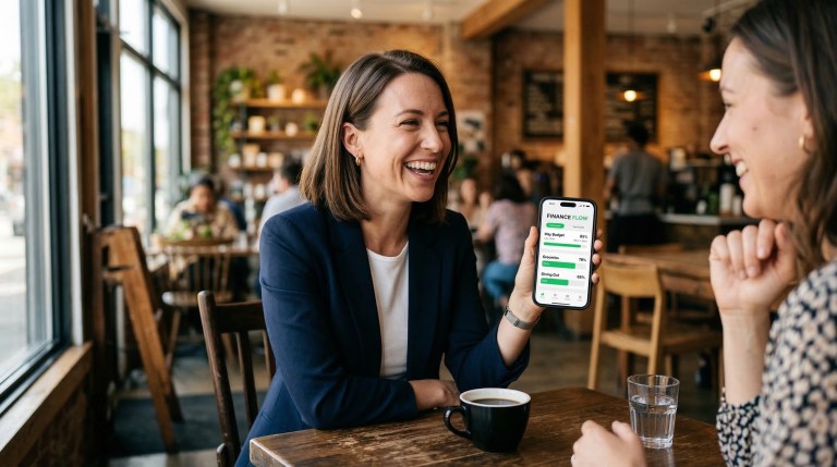Mujer joven en cafetería moderna usando app de presupuesto para practicar Loud Budgeting con amigos