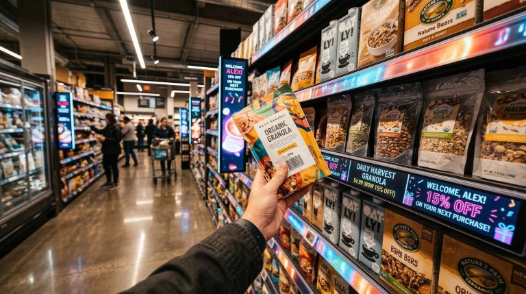 Pasillo de supermercado moderno con pantallas digitales de retail media y ofertas personalizadas