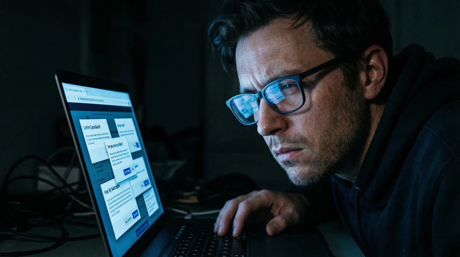 Un joven mira frustrado la pantalla de su ordenador portátil, está intentando cancelar una suscripción pero el sistema no se lo pone fácil