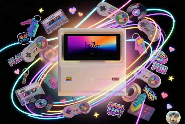 Mini PC retro Ayaneo AM01S en un escritorio moderno mostrando su pantalla abatible superior