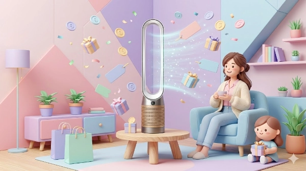 Purificador de aire Dyson eliminando alérgenos y polvo en el salón de una casa moderna