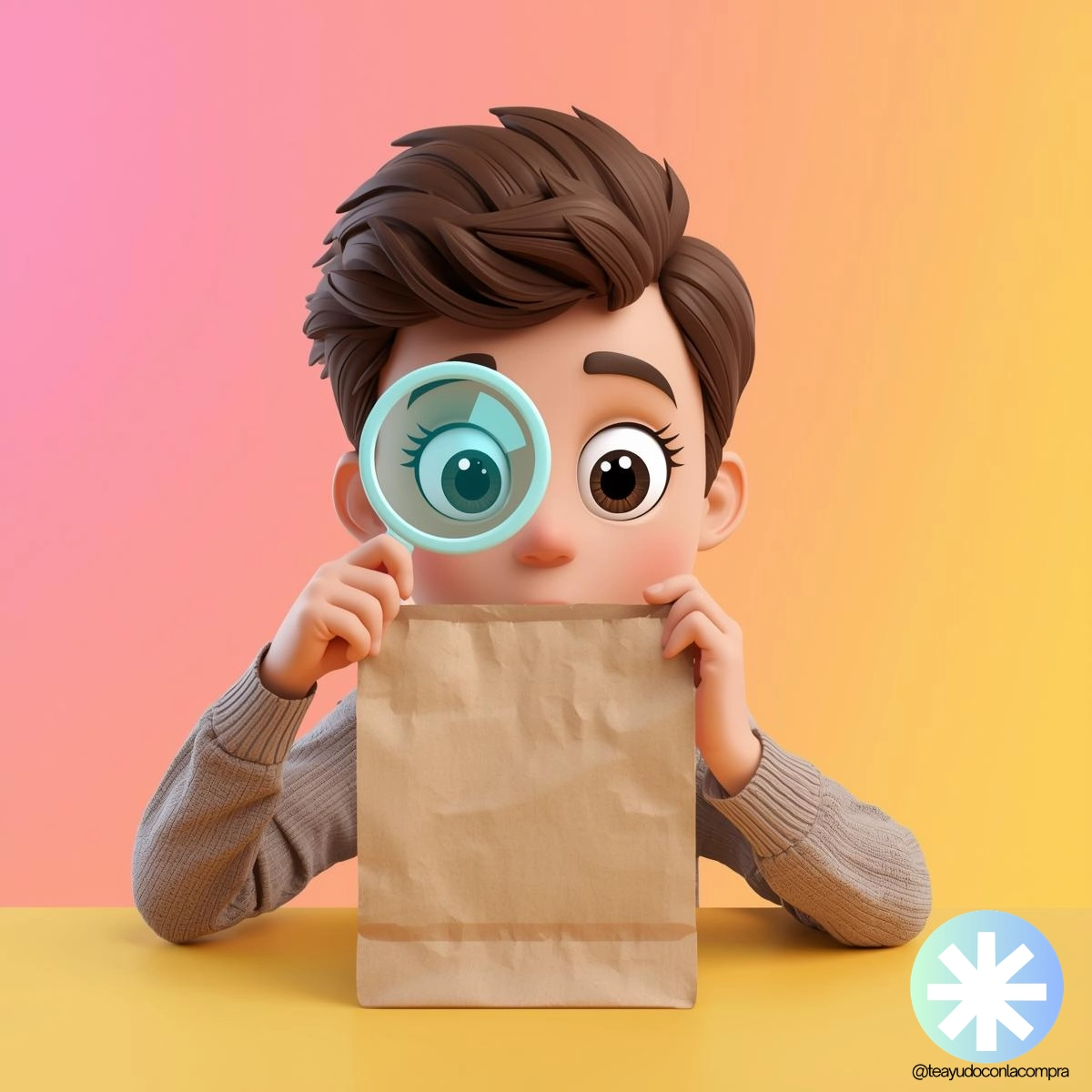 Un niño mira con una lupa y con cara sorprendida el interior de una bolsa de papel