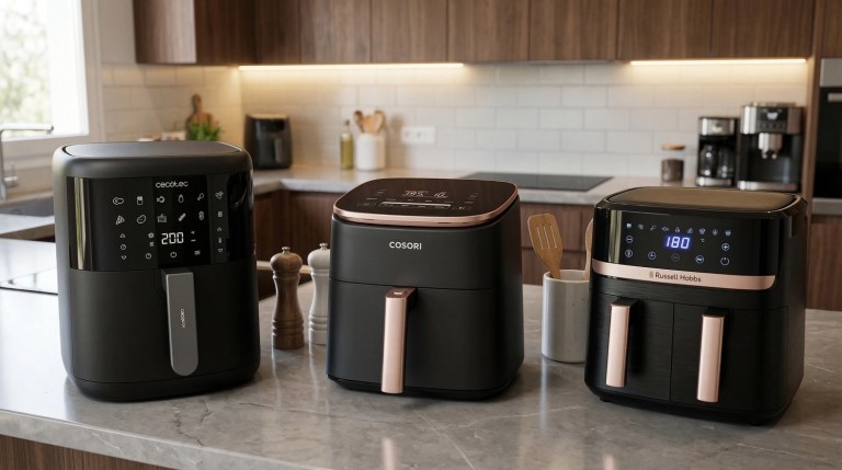 3 modelos de freidora de aire en la encimera de una cocina