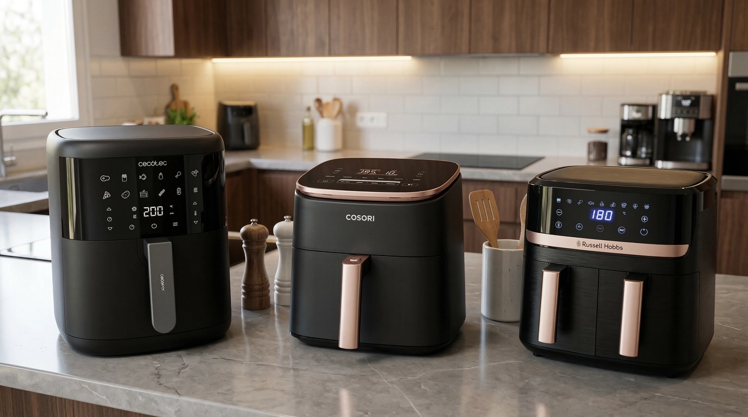 3 modelos de freidora de aire en la encimera de una cocina