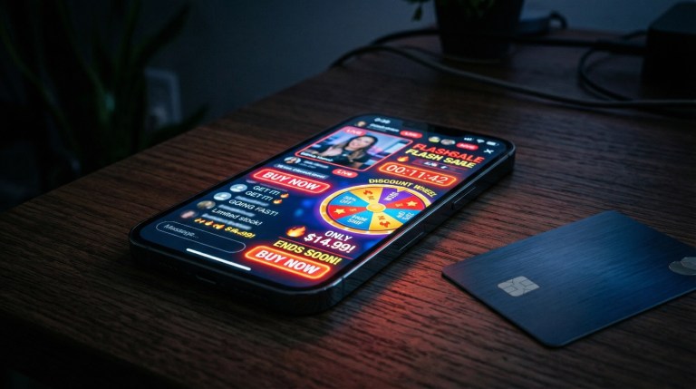 Pantalla de smartphone mostrando un directo de compras con un cronómetro rojo brillante y botones de compra, ilustrando la presión del Live Shopping.