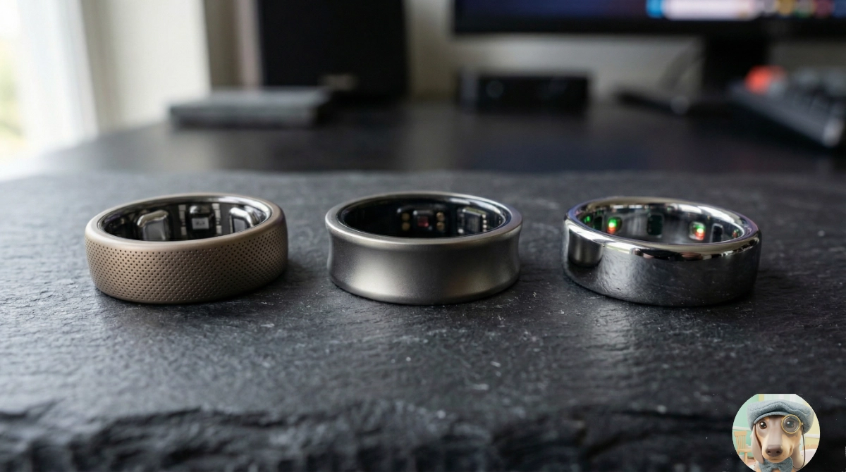 tres modelos de anillos inteligentes sobre la mesa en un salón moderno