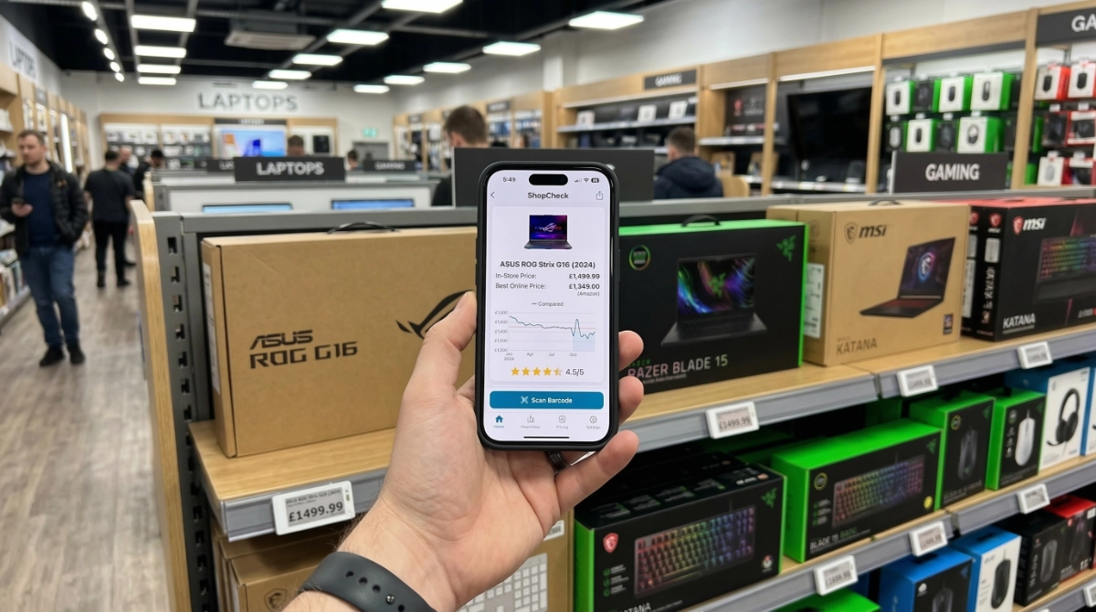 Persona usando su smartphone para escanear un código de barras en una tienda física haciendo showrooming
