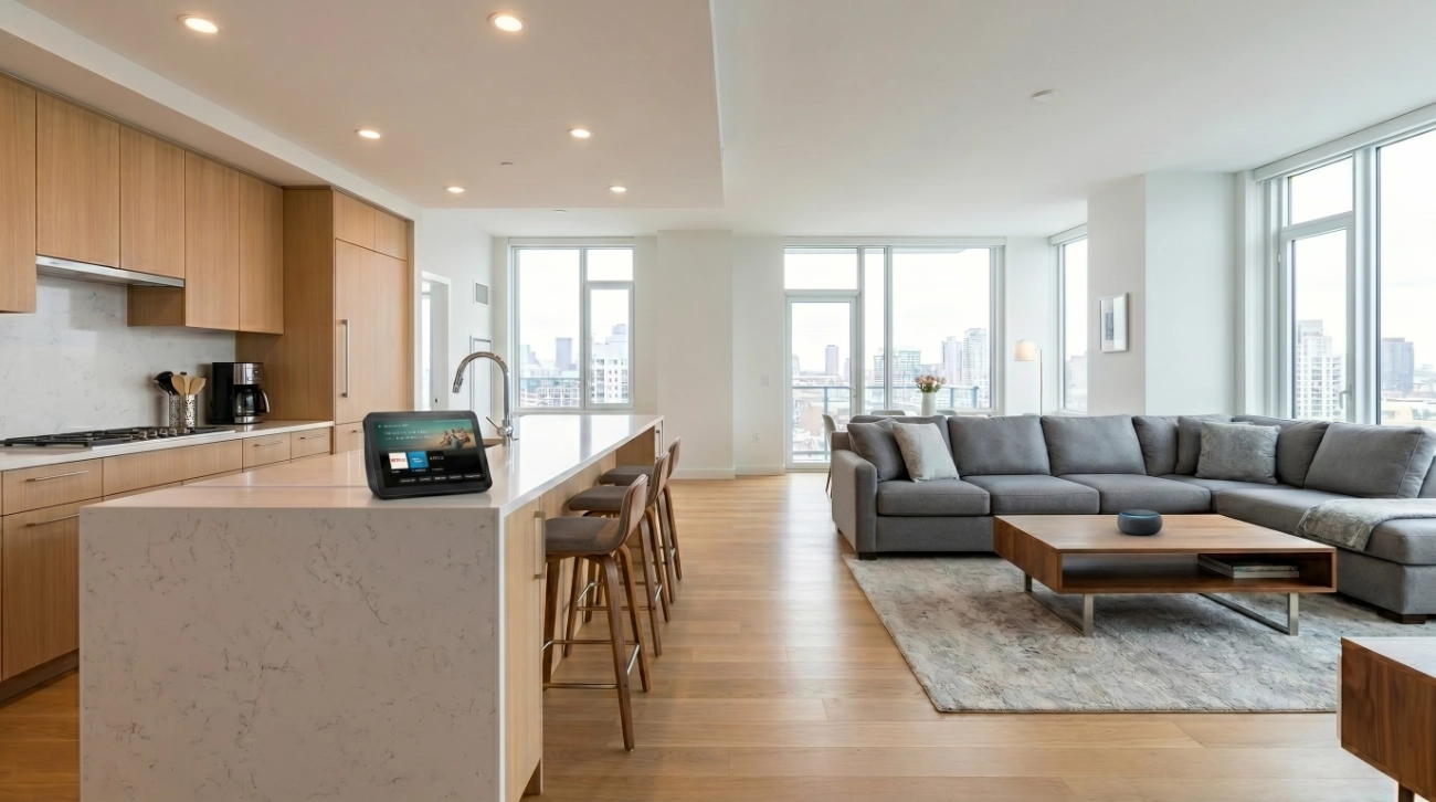 Un salón moderno con una cocina integrada y varios dispositivo Echo