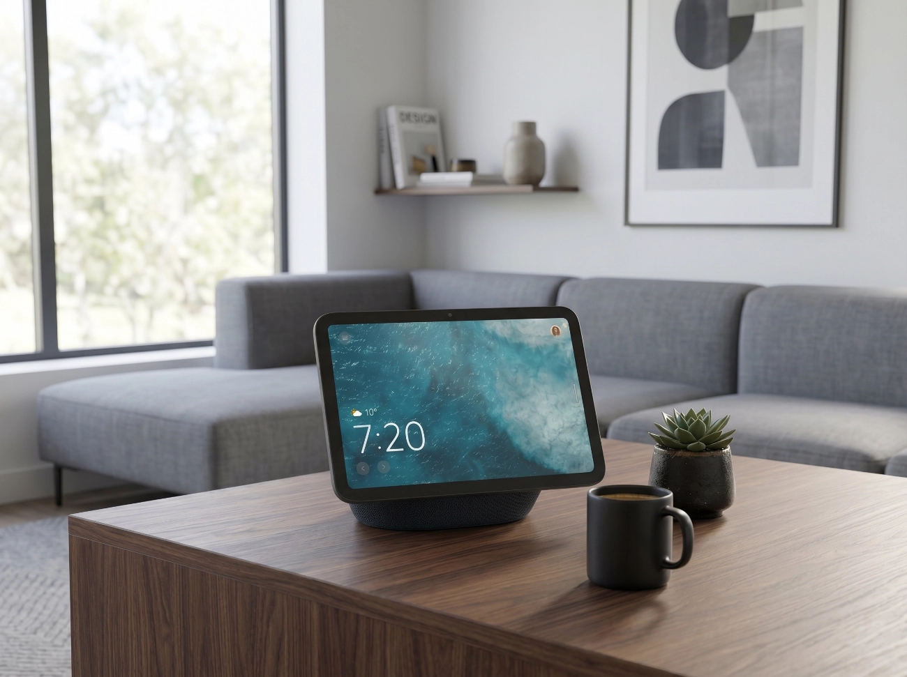 En un salón moderno destaca en primer plano el Amazon Echo Show 8