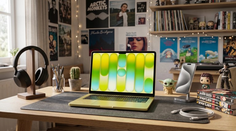Una habitación de una persona joven. En primer plano el nuevo MacBook Neo