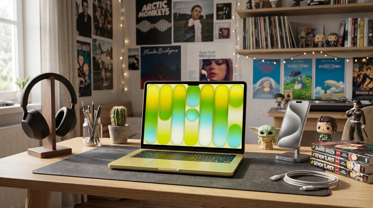 Una habitación de una persona joven. En primer plano el nuevo MacBook Neo