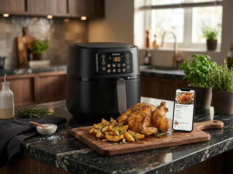 En una cocina moderna, en primer plano una air fryer Philips Airfryer XXL Serie 5000 junto a un pollo asado con patatas