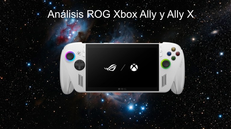 Una imagen del espacio exterior. En primer plano la consola portátil ROG Xbox Ally