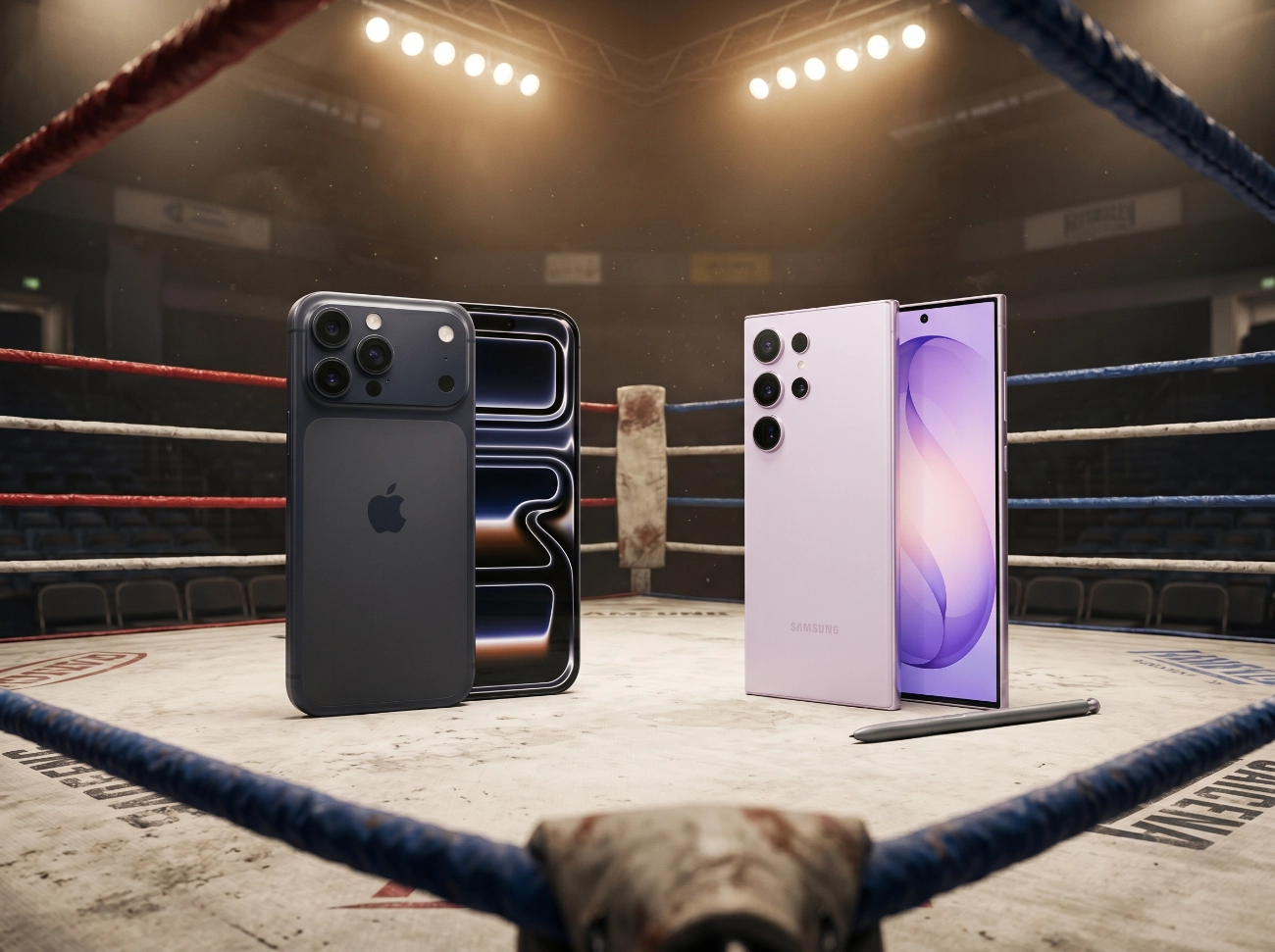 Dos teléfonos móviles en un ring. Comparativa: Samsung Galaxy S26 Ultra vs iPhone 17 Pro Max