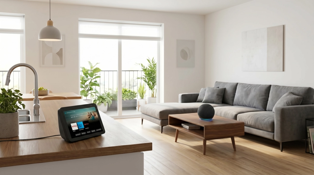 Un salón moderno con una cocina integrada, en la cocina y en la mesa del salón destacan dos altavoces inteligentes
