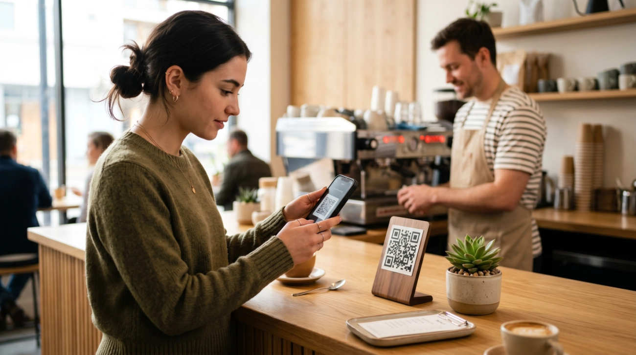Cliente escaneando un código QR dinámico con su smartphone para pagar con Bizum en el mostrador de una cafetería moderna.