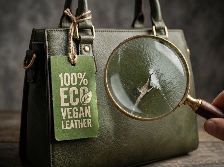 Lupa revelando la textura de plástico sintético debajo de una etiqueta verde de cuero vegano, representando el engaño del greenwashing en la moda.
