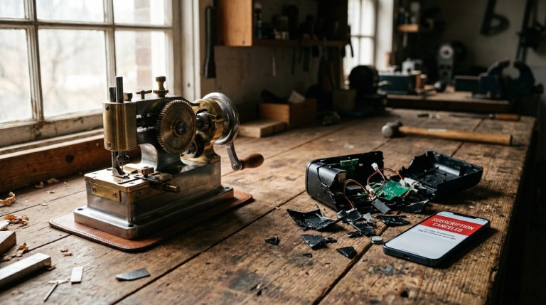En una mesa de un taller un aparato electrónico roto, un móvil con una suscripción cancelada y una máquina tradicional en perfecto estado. Ilustran el concepto buy it for life.