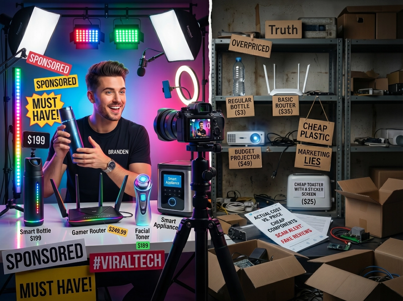 Un chico vende un montón de productos de baja calidad a través de internet, ejemplifica el de-influencing