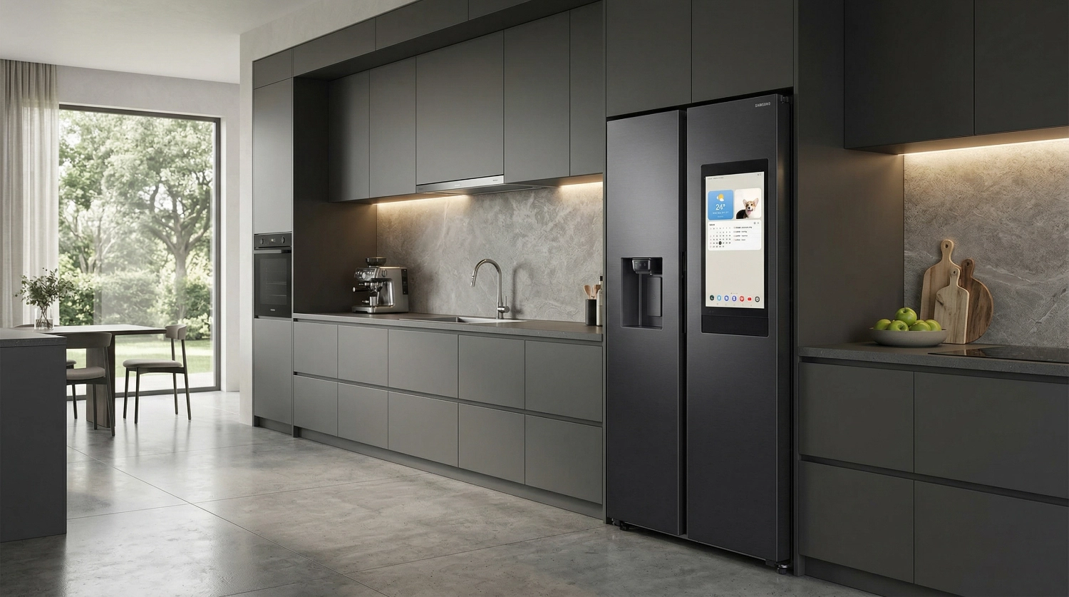 En la imagen se ve una cocina moderna en la que destaca un frigorífico inteligente Samsung Bespoke AI Family Hub