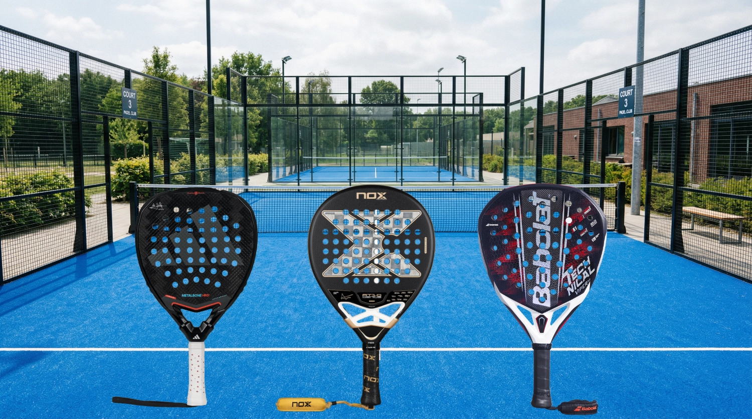 Una pista de pádel con 3 palas en primer plano.