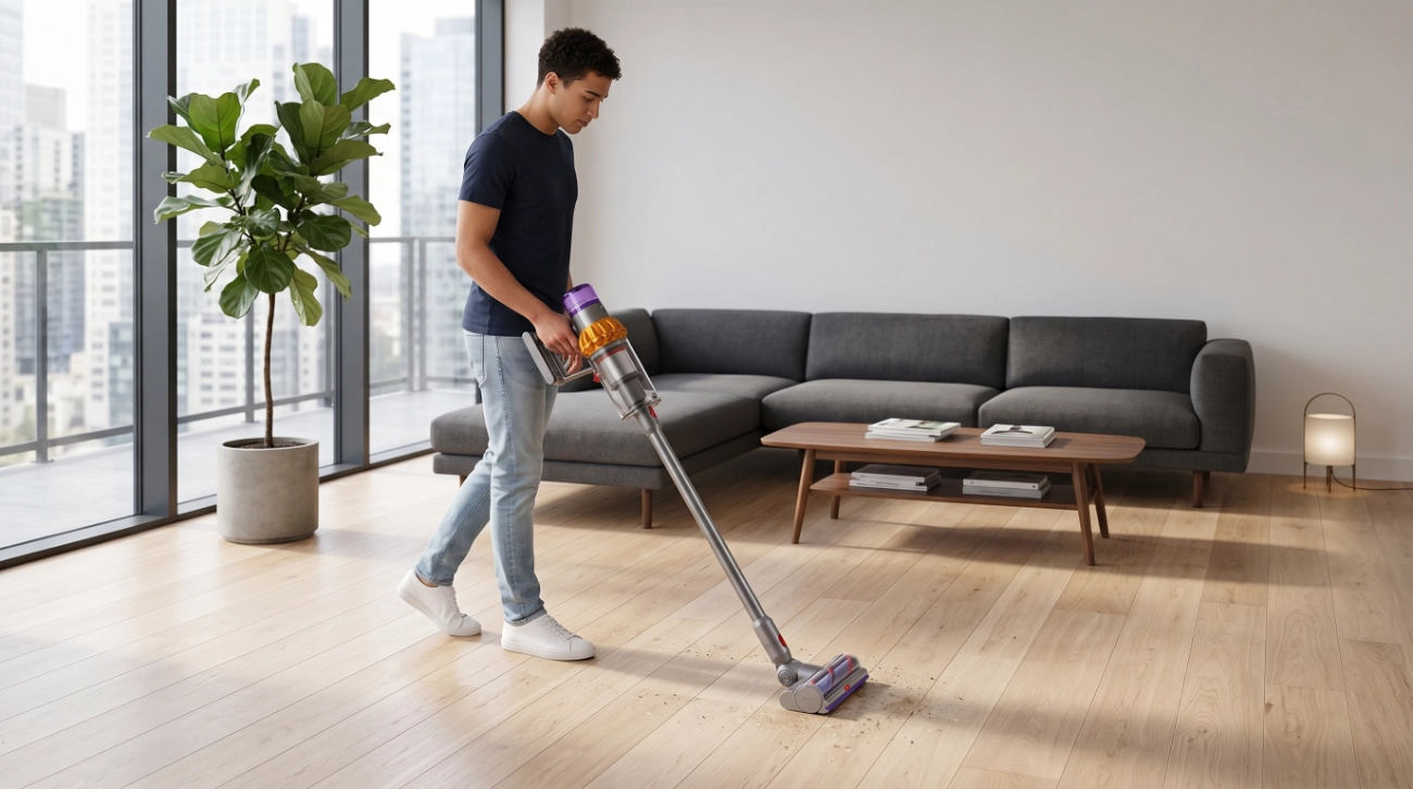 Un chico joven aspira un salón con la aspiradora Dyson V15 detect