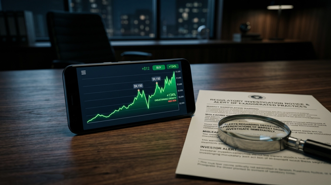 Smartphone mostrando gráficos de inversión de una aplicación falsa de trading sobre una mesa, junto a un documento de advertencia oficial, ilustrando el concepto de chiringuito financiero.