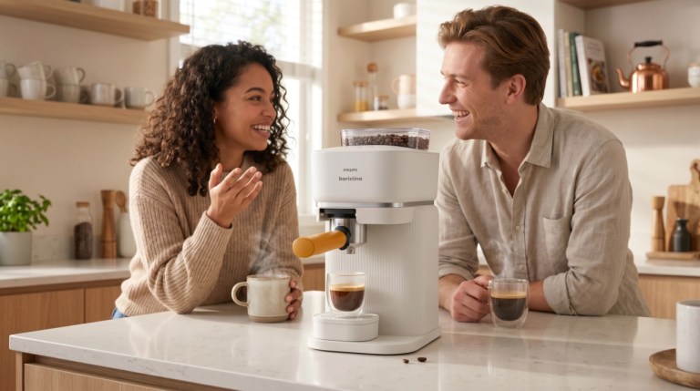 Una pareja joven animada toca café en una cocina moderna, en primer plano una cafetera Philips Baristina