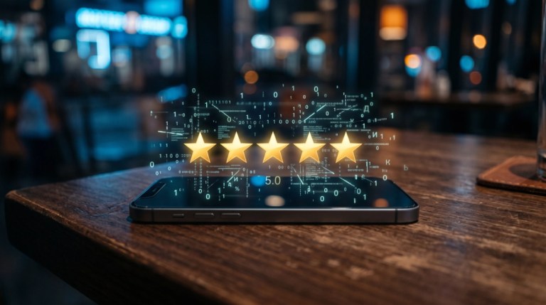 Un teléfono móvil en una mesa 5 estrellas flotan sobre la pantalla, ilustra las reseñas falsas