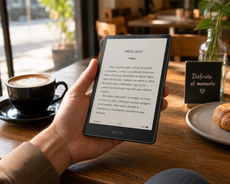 En una cafetería, en primer plano una mano sostiene el e-book Boox-Go_6-Gen-II
