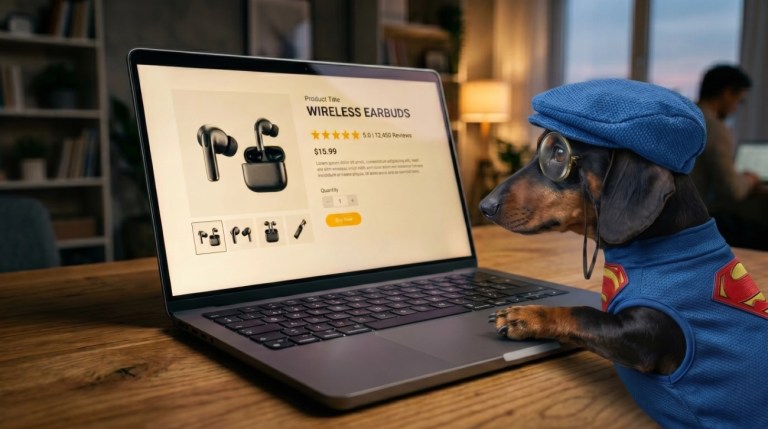 Ayudante Súper Precio (un perrito) comprueba las reseñas falsas de un producto online.