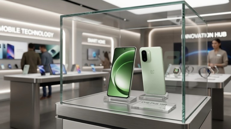 En la vitrina de una tienda de móviles el modelo One Plus 15R