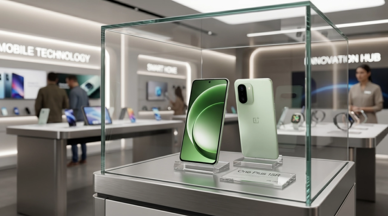 En la vitrina de una tienda de móviles el modelo One Plus 15R