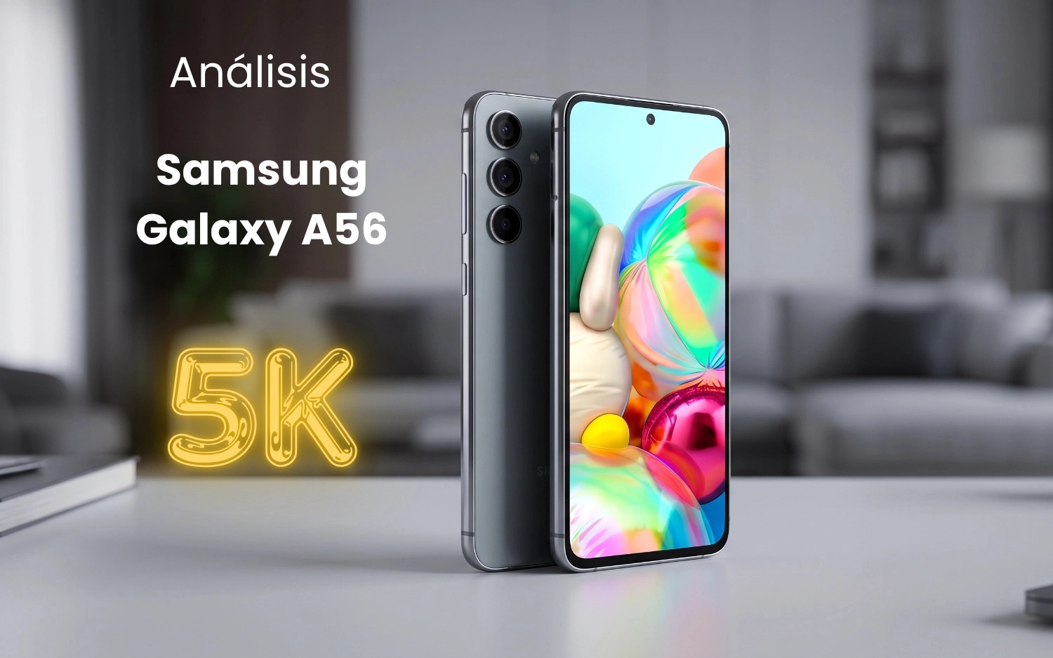 Fotografía comercial minimalista del smartphone Samsung Galaxy A56 mostrando su pantalla Super AMOLED brillante y su perfil estilizado sobre un escritorio moderno.