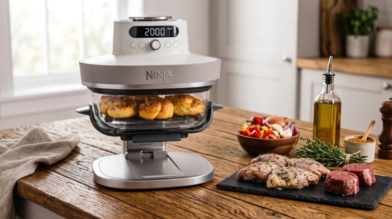 Freidora de aire premium Ninja CRISPi PRO XL con recipientes de cristal templado transparente sobre una encimera de cocina luminosa.