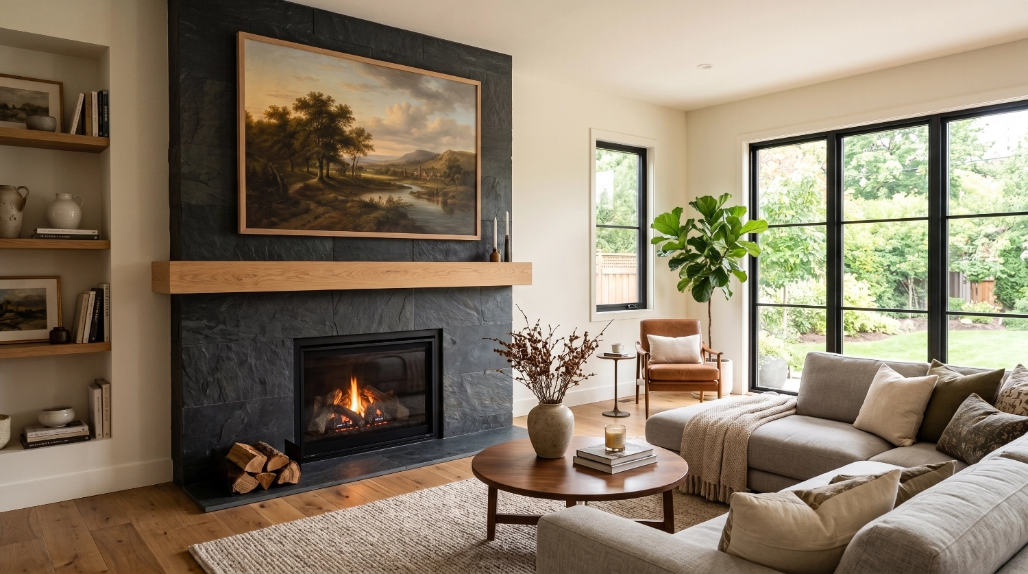 En un salón moderno, sobre la chimenea hay un televisor Samsung The Frame TV que se asemeja a un cuadro.