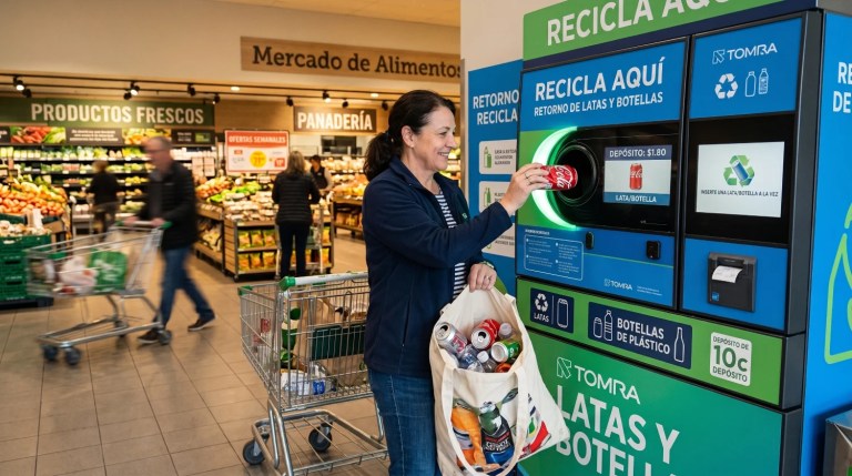 Máquina de devolución de botellas y latas del sistema SDDR en un supermercado de España