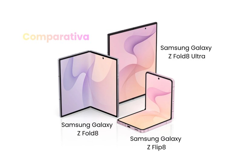 Comparativa Samsung Galaxy Z Flip8, Galaxy Z Fold8 y Galaxy Z Fold8 Ultra mostrando sus formatos plegables y pantallas abiertas